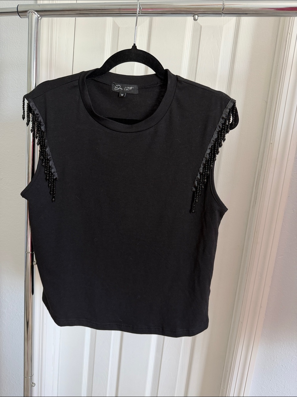 Beaded Fringe Black Sleeveless Tank Top